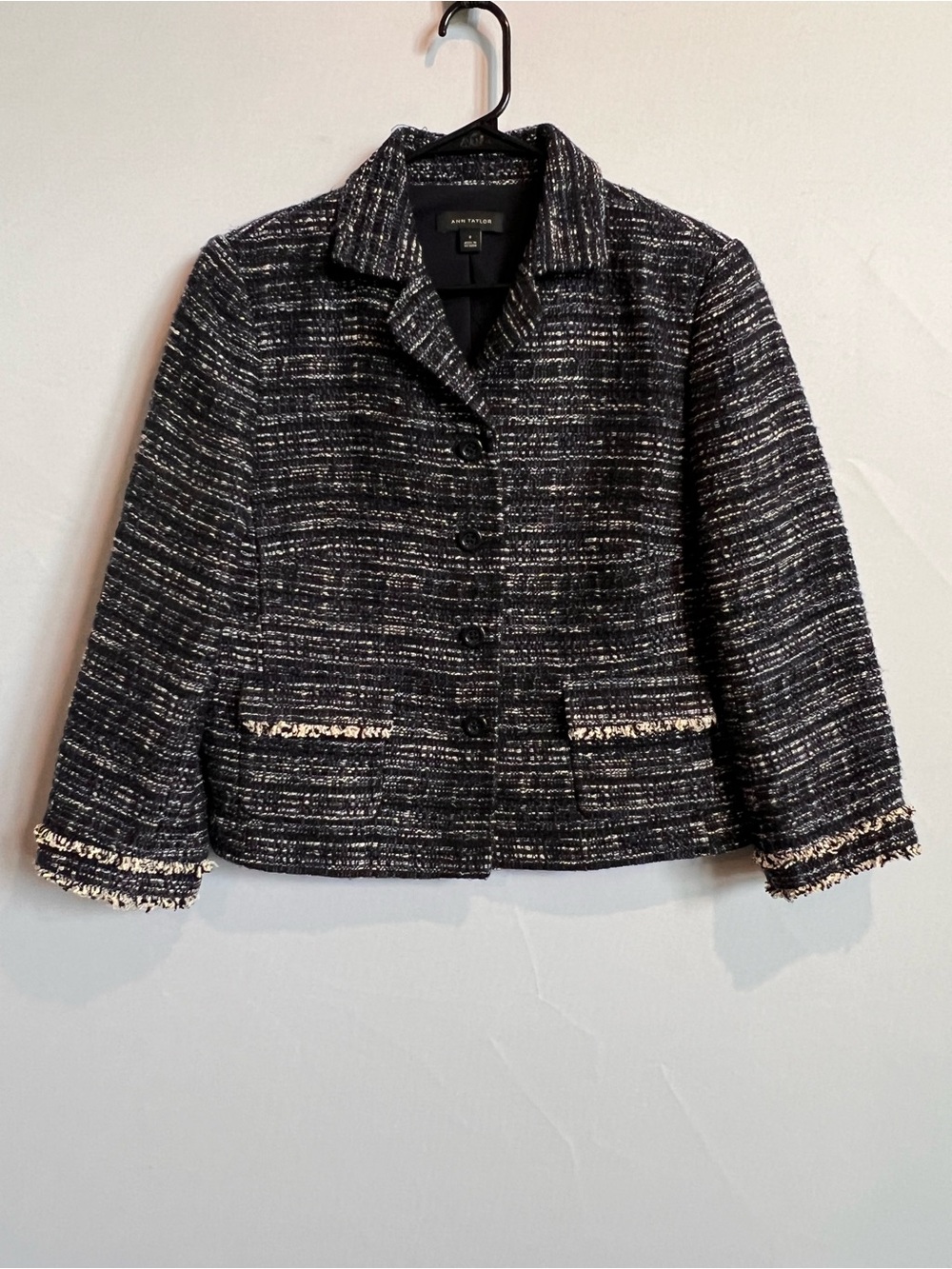 Ann Taylor Navy, Black, and Ivory Tweed Cropped Blazer - Picture 6 of 14